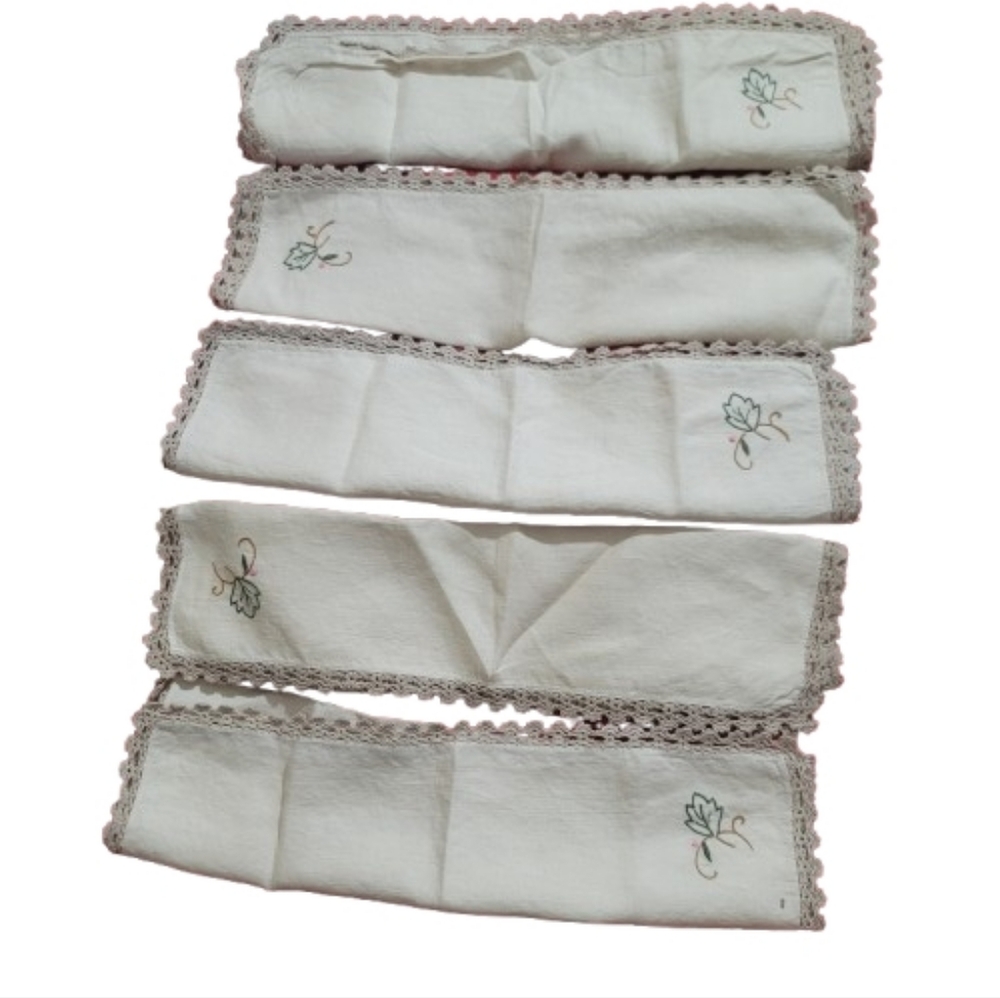 Vintage Embroidered Napkin Set of 5 Cream Lace Trim Floral Cottagecore Table Lin